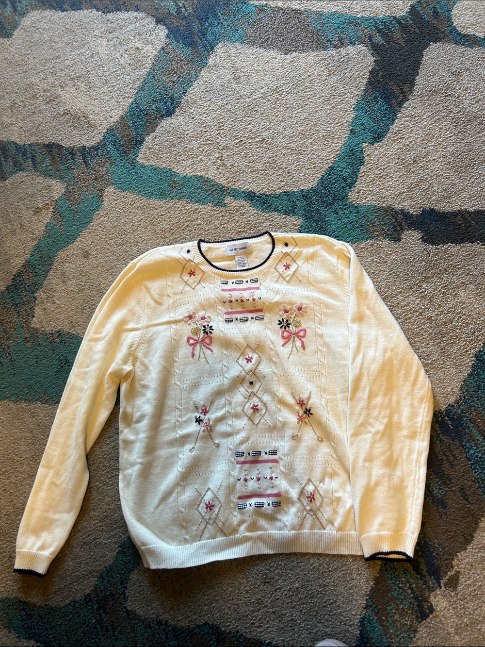 Alfred Dunner Cream Crewneck Sweater with Pink Floral Embroidery